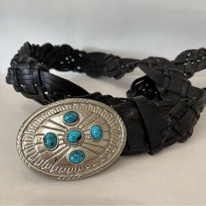 Fina Firenze Black Leather Braided Belt Silver Tone Turquoise Buckle Boho